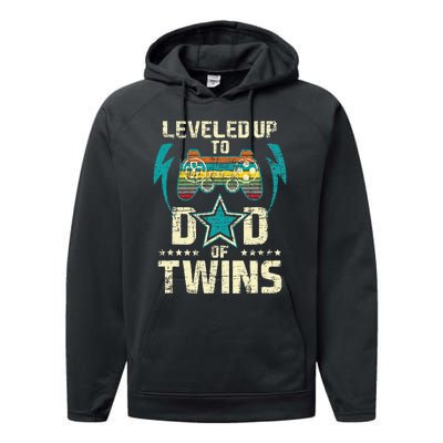 Leveled Up To Dad Of Twins Twin Dad Father Of Twins Performance Fleece Hoodie