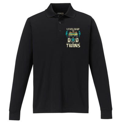 Leveled Up To Dad Of Twins Twin Dad Father Of Twins Performance Long Sleeve Polo