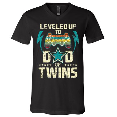 Leveled Up To Dad Of Twins Twin Dad Father Of Twins V-Neck T-Shirt