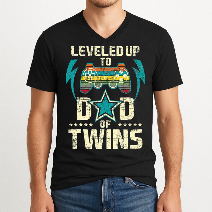 Leveled Up To Dad Of Twins Twin Dad Father Of Twins V-Neck T-Shirt