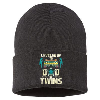 Leveled Up To Dad Of Twins Twin Dad Father Of Twins Sustainable Knit Beanie