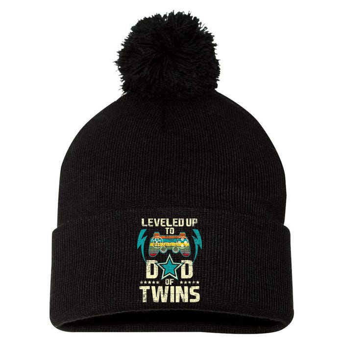 Leveled Up To Dad Of Twins Twin Dad Father Of Twins Pom Pom 12in Knit Beanie