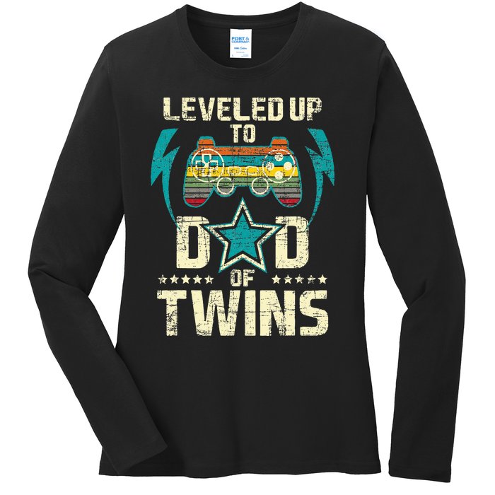 Leveled Up To Dad Of Twins Twin Dad Father Of Twins Ladies Long Sleeve Shirt