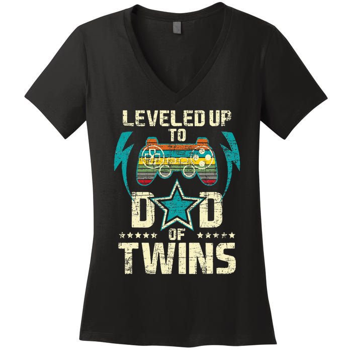 Leveled Up To Dad Of Twins Twin Dad Father Of Twins Women's V-Neck T-Shirt