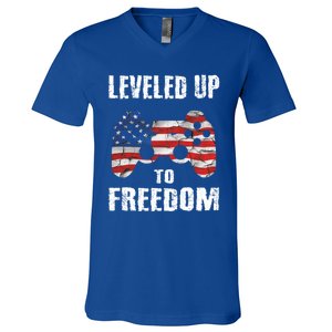 Leveled Up To Freedom Gamer 4th Of July Teens Funny Gift V-Neck T-Shirt