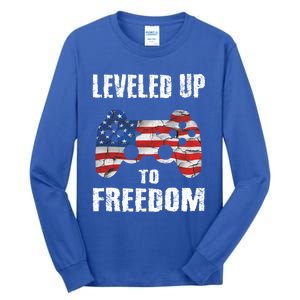 Leveled Up To Freedom Gamer 4th Of July Teens Funny Gift Tall Long Sleeve T-Shirt