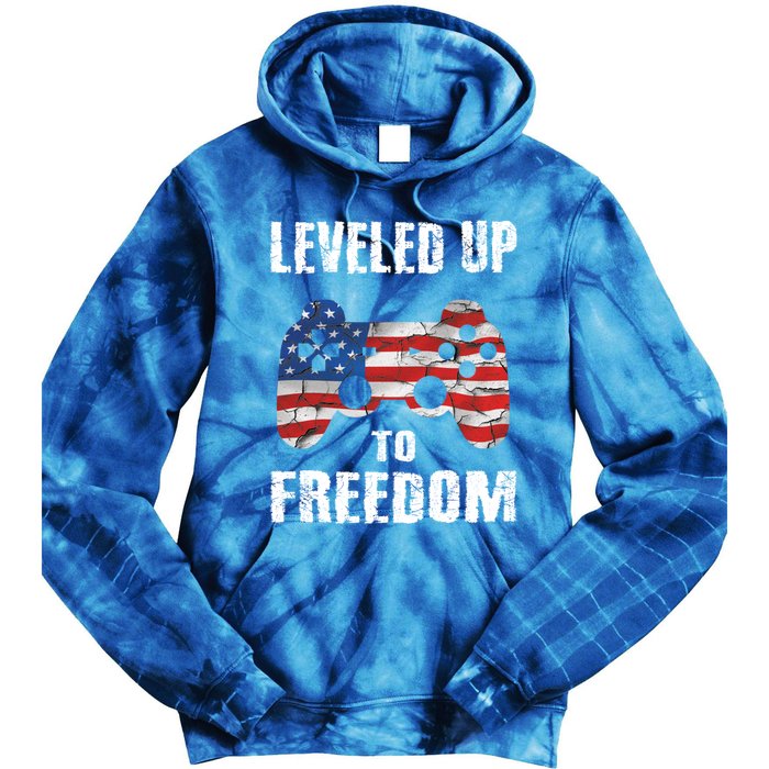 Leveled Up To Freedom Gamer 4th Of July Teens Funny Gift Tie Dye Hoodie