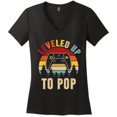 Leveled Up To Pop Funny Gamer Father's Day Dad Women's V-Neck T-Shirt