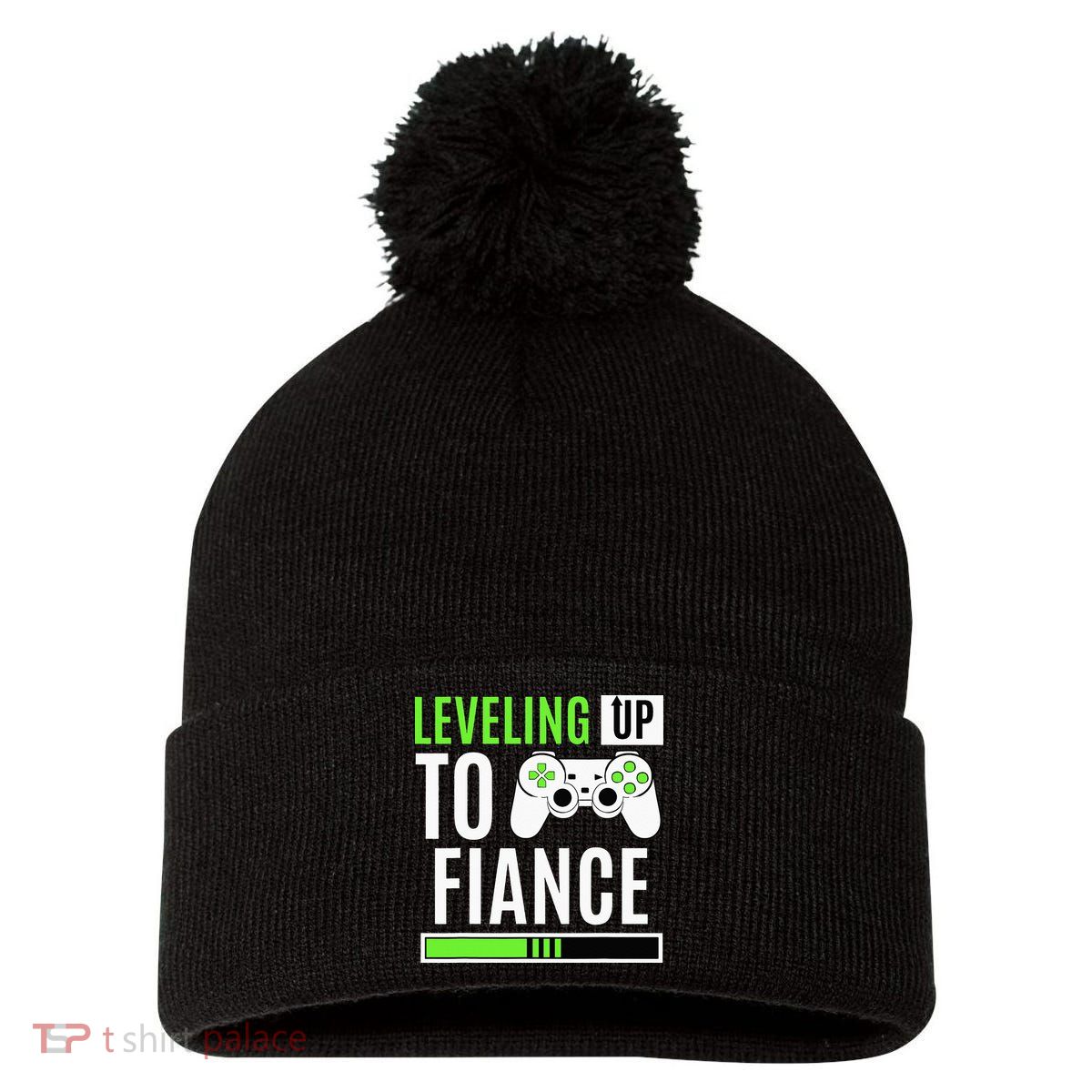 Leveled Up To Fiance Just Engaged Newly Engaged Couple Pom Pom 12in Knit Beanie