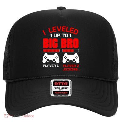 Leveled Up To Big Bro New Big Brother Gamer Gift Announcement High Crown Mesh Back Trucker Hat
