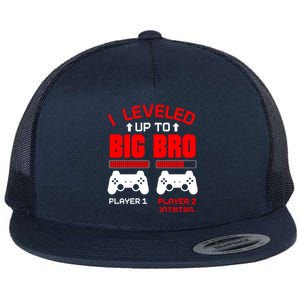 Leveled Up To Big Bro New Big Brother Gamer Gift Announcement Flat Bill Trucker Hat