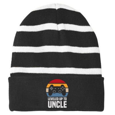 Leveled Up To Uncle Gift Gamer Gaming Pregnancy Announcement Striped Beanie with Solid Band