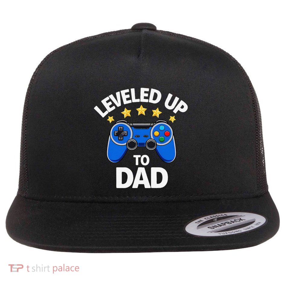 Leveled Up To Dad Baby Announcement Gamer Fatherhood Flat Bill Trucker Hat