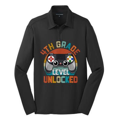 Leveled Up To 4th Grade Gamer Back To School First Day Boy Silk Touch Performance Long Sleeve Polo