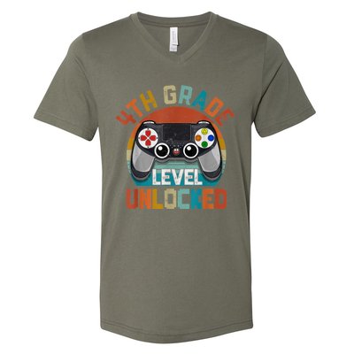 Leveled Up To 4th Grade Gamer Back To School First Day Boy V-Neck T-Shirt