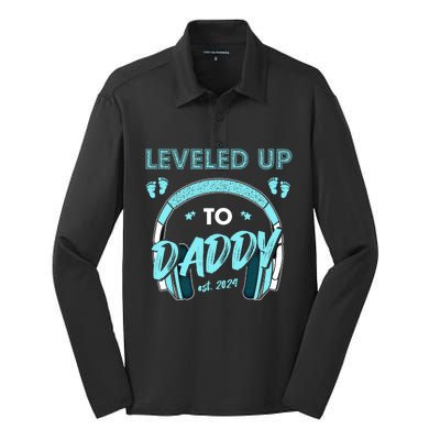 Leveled Up To Daddy Est 2024 Pregnancy Fathers Day Gift Silk Touch Performance Long Sleeve Polo