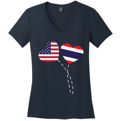 Loving USA Thailand Flag Heart Thai Americans Love Women's V-Neck T-Shirt