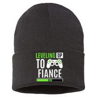 Leveling Up To Fiance Gaming Gender Reveal Announcement Sustainable Knit Beanie