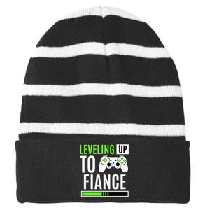 Leveling Up To Fiance Gaming Gender Reveal Announcement Striped Beanie with Solid Band