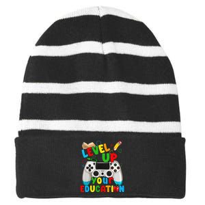 Level Up Your Education Gaming Inspired Teacher Gamers Gift Striped Beanie with Solid Band