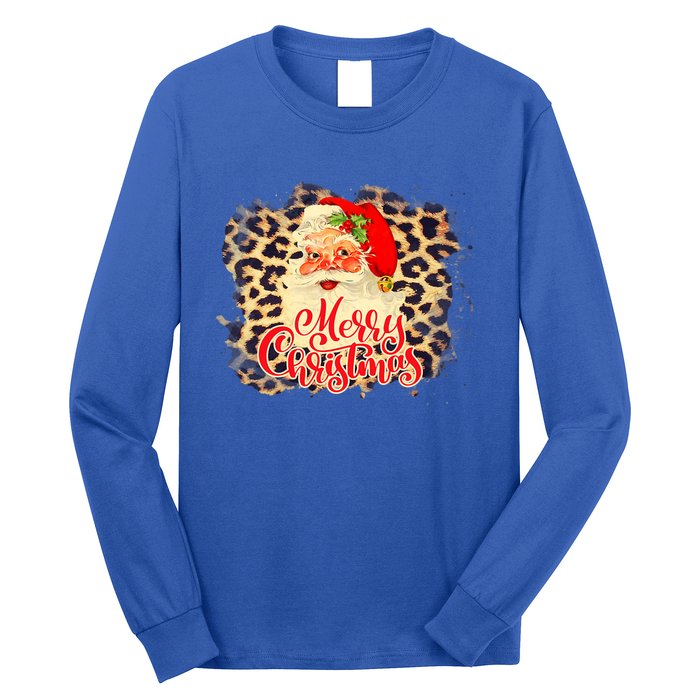 Leopard Vintage 70s Santa Merry Christmas Santa Claus Face Funny Gift Long Sleeve Shirt