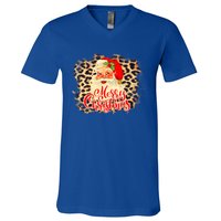 Leopard Vintage 70s Santa Merry Christmas Santa Claus Face Funny Gift V-Neck T-Shirt