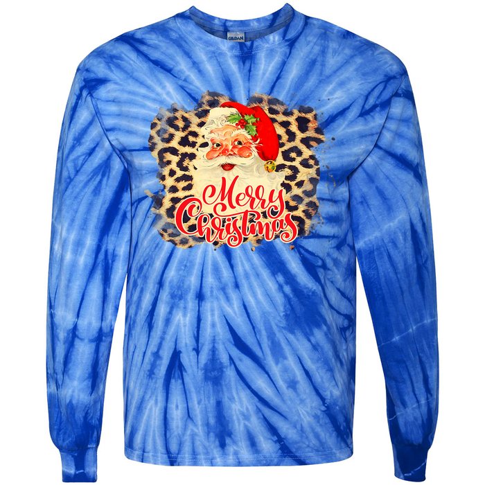 Leopard Vintage 70s Santa Merry Christmas Santa Claus Face Funny Gift Tie-Dye Long Sleeve Shirt