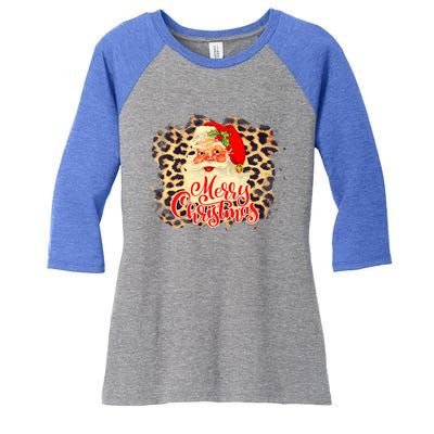 Leopard Vintage 70s Santa Merry Christmas Santa Claus Face Funny Gift Women's Tri-Blend 3/4-Sleeve Raglan Shirt