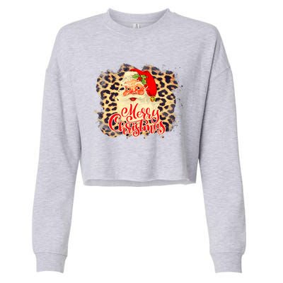 Leopard Vintage 70s Santa Merry Christmas Santa Claus Face Funny Gift Cropped Pullover Crew