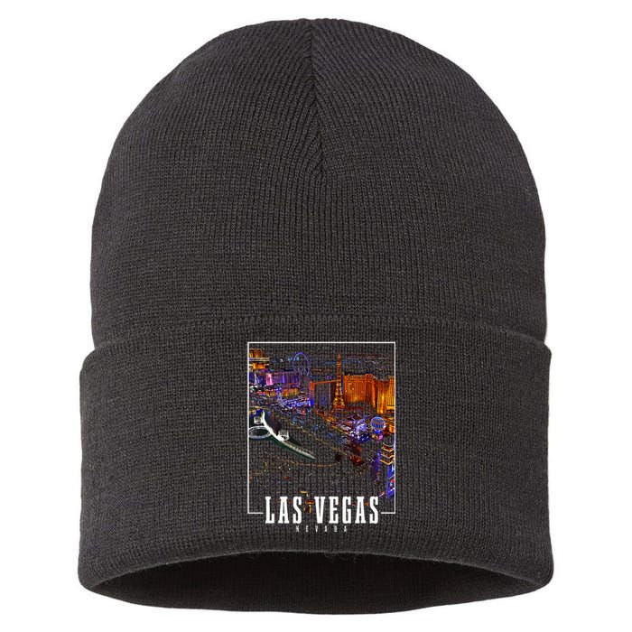 Las Vegas At Night Nevada Skyline Souvenir Las Vegas Sustainable Knit Beanie