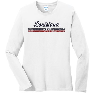 Louisiana Vintage American Flag Retro Design Ladies Long Sleeve Shirt