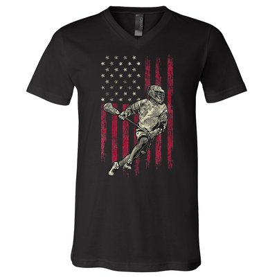 Lacrosse Vintage American Flag V-Neck T-Shirt