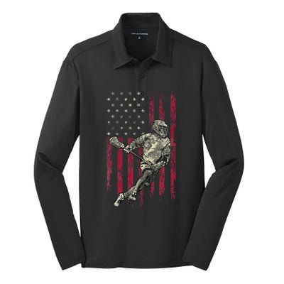 Lacrosse Vintage American Flag Silk Touch Performance Long Sleeve Polo