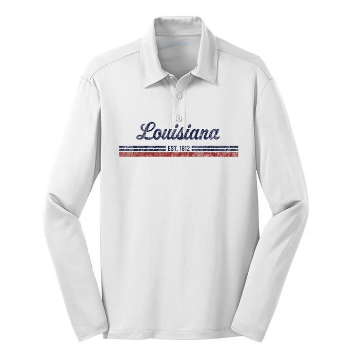 Louisiana Vintage American Flag Retro Design Silk Touch Performance Long Sleeve Polo