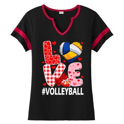 Love Volleyball Ball Heart Shape Red Plaid ValentineS Day Ladies Halftime Notch Neck Tee