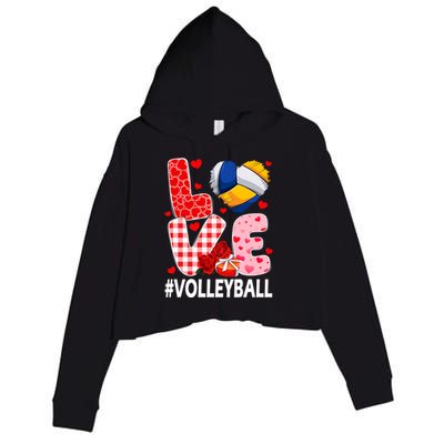 Love Volleyball Ball Heart Shape Red Plaid ValentineS Day Crop Fleece Hoodie