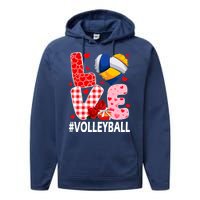 Love Volleyball Ball Heart Shape Red Plaid ValentineS Day Performance Fleece Hoodie