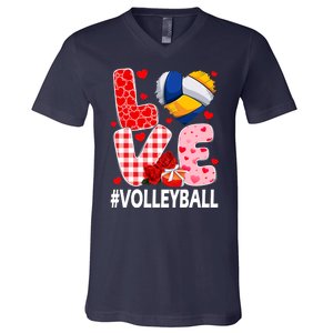 Love Volleyball Ball Heart Shape Red Plaid ValentineS Day V-Neck T-Shirt