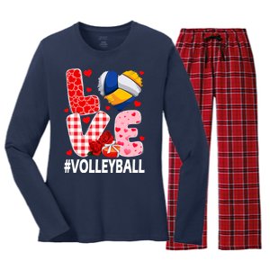 Love Volleyball Ball Heart Shape Red Plaid ValentineS Day Women's Long Sleeve Flannel Pajama Set 