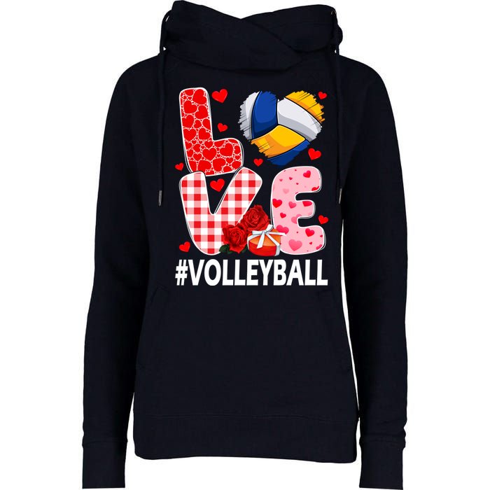 Love Volleyball Ball Heart Shape Red Plaid ValentineS Day Womens Funnel Neck Pullover Hood