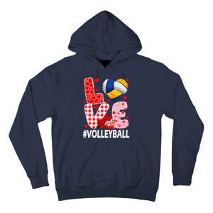 Love Volleyball Ball Heart Shape Red Plaid ValentineS Day Tall Hoodie