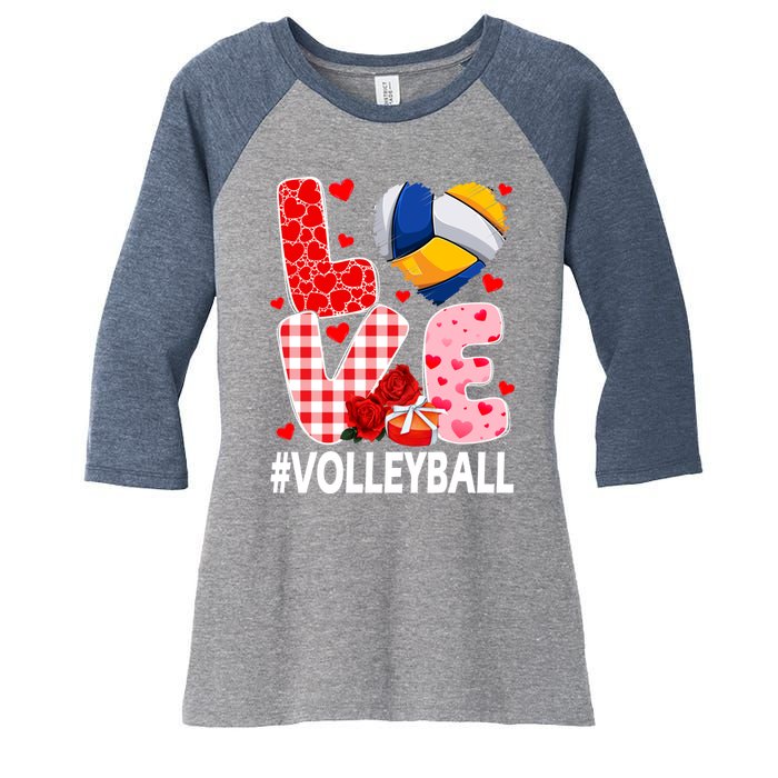 Love Volleyball Ball Heart Shape Red Plaid ValentineS Day Women's Tri-Blend 3/4-Sleeve Raglan Shirt