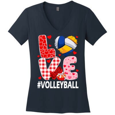 Love Volleyball Ball Heart Shape Red Plaid ValentineS Day Women's V-Neck T-Shirt