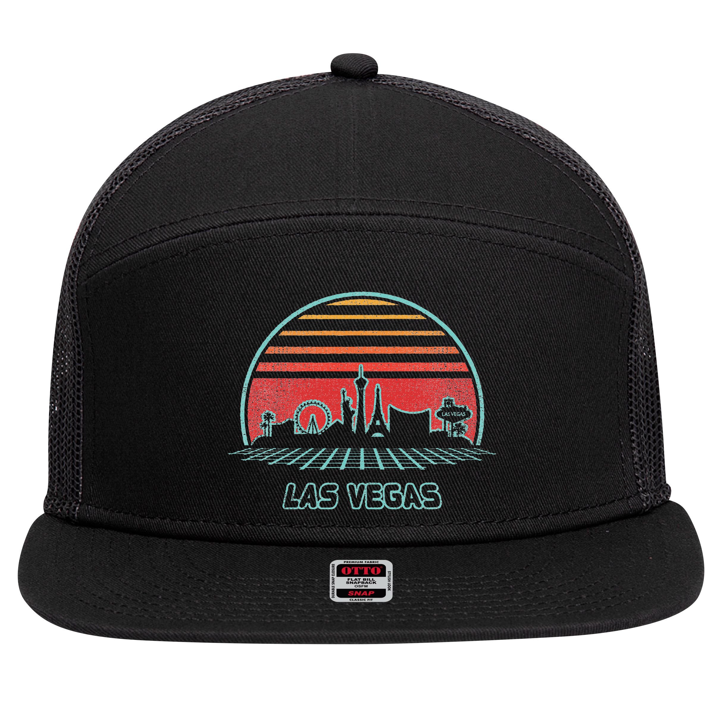 Las Vegas City Skyline Retro 80s Style 7 Panel Mesh Trucker Snapback Hat