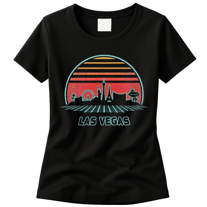 Las Vegas City Skyline Retro 80s Style Womens T-Shirt