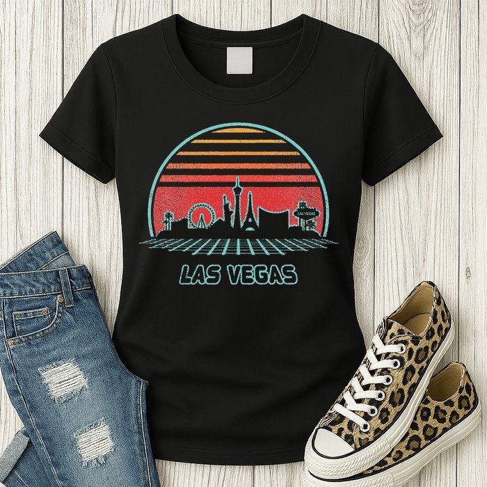 Las Vegas City Skyline Retro 80s Style Womens T-Shirt