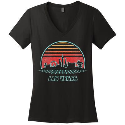 Las Vegas City Skyline Retro 80s Style Women's V-Neck T-Shirt