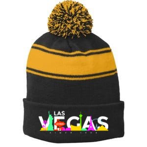 Las Vegas Colorful Skyline Stripe Pom Pom Beanie