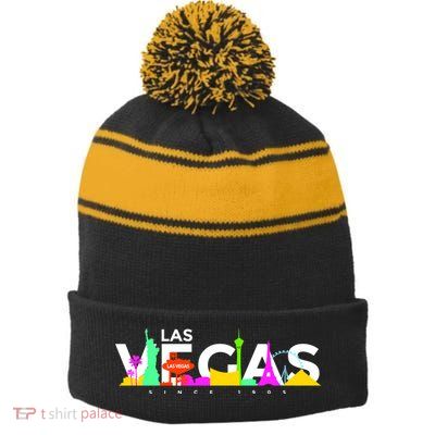 Las Vegas Colorful Skyline Stripe Pom Pom Beanie