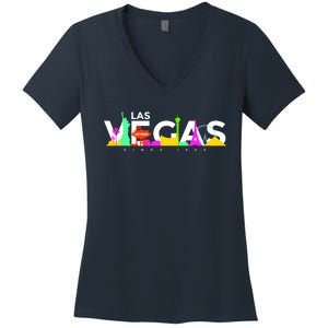 Las Vegas Colorful Skyline Women's V-Neck T-Shirt